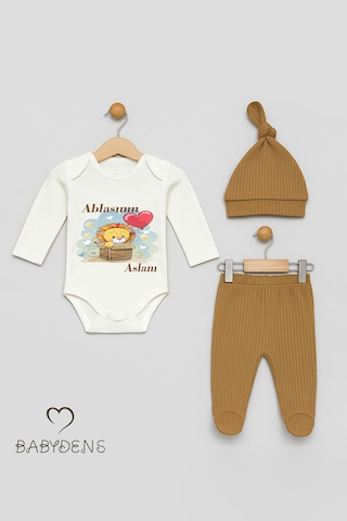 Babyden's Ablasının Aslanı Yazılı 3 Lü Bebek Takımı Uzun Kollu Çıtçıtlı Body,patikli Pantolon Şapka Set Açık Kahverengi