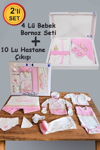 10 Parça Pembe Kedili Hastane Çıkışı Ve 4 Parça Bebek Bornoz Seti Pembe