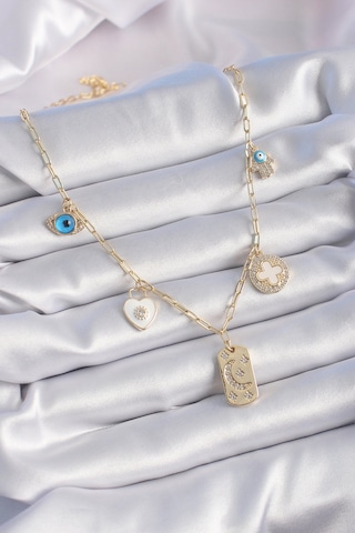 Gold Renk Zirkon Taşlı Çoklu Figür Model Şans Kolyesi - Ebj241012w28458 Bakır