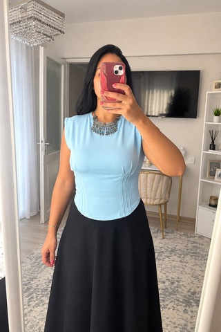 Moda Banuş Mavi Modal Kumaş Kısa Kol Önü Uzun Body