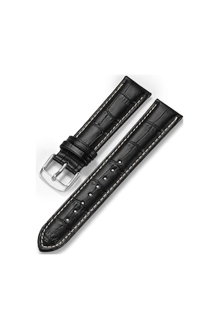 22 Milim Hakiki Dana Derisi Beyaz Dikişli Siyah Saat Kayışı