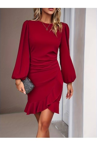 Kadın Uzun Kollu Bisiklet Yaka Önden Volanlı Ithal Krep Elbise Kırmızı