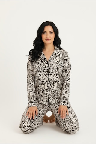 Bravie Luxury Viscose Siyah Beyaz Dalmaçya Desenli Kadın Uzun Kollu Büyük Beden Pijama Takımı 42533 LEOPAR