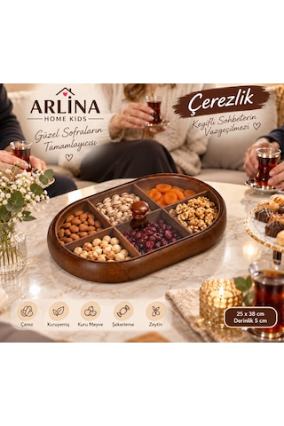6 Bölmeli Kapaklı Şık Oval Akasya Çerezlik Ahşap
