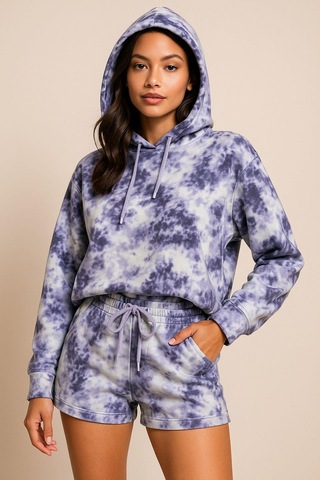 Kadın Lila Kapüşonlu Sweatshirt-şortlu Alt Üst Takım Oversize Batik Desen İkili Takım Çok Renkli