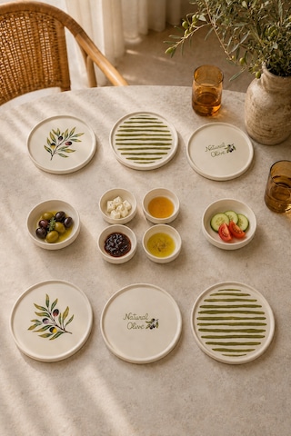 Oliva 12 Parça 6 Kişilik Handmade Stackable Seramik Tabak Seti Premium Sunum & Kahvaltı Takımı Beyaz