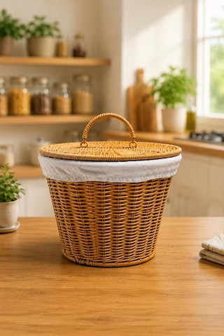 2'li El Yapımı Kapaklı Rattan Sepet Dekoratif Düzenleyici Patates Soğan Sepeti Kiler Organizeri