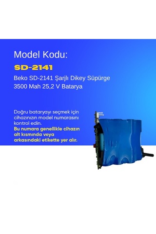Beko Sd-2141 Şarjlı Dikey Süpürge 3500 Mah 25,2 V Batarya Uyumlu Uzun Ömürlü, Yüksek Performans Pil