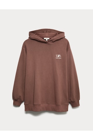 Marks & Spencer Saf Pamuk Grafik Baskılı Kapüşonlu Sweatshirt T41003216C Kahverengi
