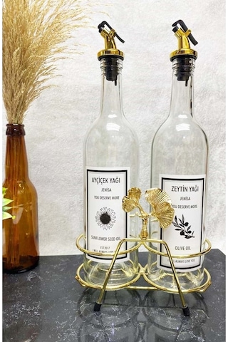 Altın Standlı Ginkgo Figürlü 750ml Şeffaf Şişe Altın Akıtıcılı Et