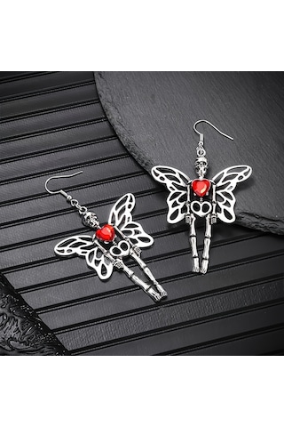 Dükkan Design Red Heart Butterfly Skeleton Küpe Gümüş - Gri