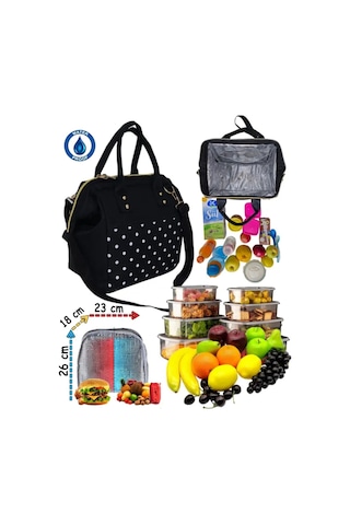 Sıcak, Soğuk Isı Yalıtımlı Termal Termoslu Yemek, Mama, Beslenme, Gıda İçin Askılı Taşıma Çantası Siyah Puantiye Siyah