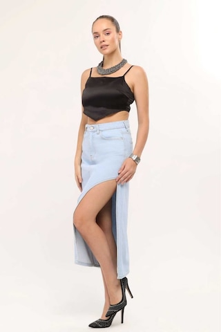 Shevega Kadın Buz Mavi Uzun Ön Parçali Asimetrik Kot Etek Buz Mavi