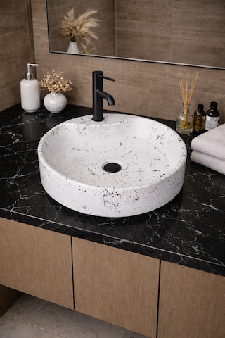 Mermer Desenli Tezgah Üstü Yuvarlak Çanak Taş Lavabo 45 Cm Musluk Delikli Beyaz