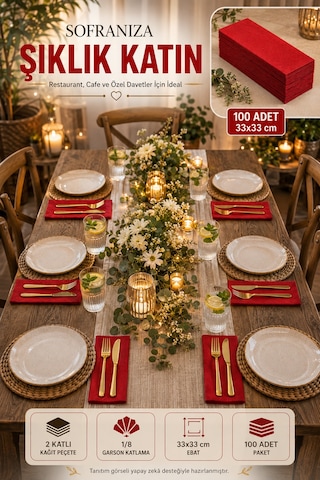 33x33 Cm Kırmızı Garson Katlama Peçete 2 Katlı 100 Adet Restaurant Cafe Otel Davet Masa Servis Kağıt Diğer