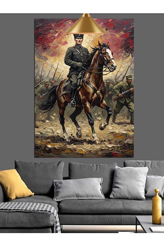 Savaş Meydanında At Üstünde Atatürk Dekoratif Kanvas - Mdf Ahşap Tablo