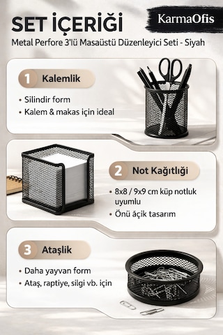 Metal File 3'lü Masaüstü Düzenleyici Seti Siyah Kalemlik Not Kağıtlığı Ataşlık Ofis Organizer Diğer