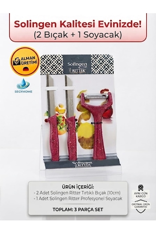 Solingen Ritter Alman Üretimi 3 Parça Mutfak Seti - 2 Adet Tırtıklı Bıçak 10 Cm + 1 Adet Soyacak Mor - Pembe