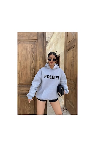 Startmore Polızeı Baskılı Kapişonlu Sweatshırt Gri
