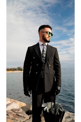 Dupont Classics Dupont Erkek Slim Fit 6 Drop Çizgili Kruvaze Viskon Çift Yırtmaç Takım Elbise Siyah
