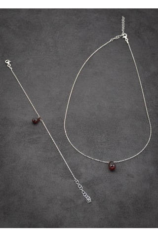 Doğan Diamond 925 Ayar Gümüş Rodyum Kaplama 6 Ct Yarı Değerli Granat Taşlı Set - Raccolta Di Gocce