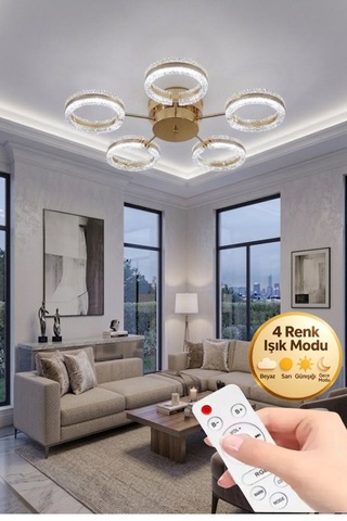 Lumia Lighting Aurea Model 2 Li Kristal Taşlı Kumandalı Gold 3 Renk Modu Ledli Salon Mutfak Oturma Odası Sarkıt Led Avize