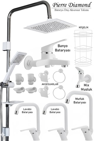 8962 Mutfak Lavabo Banyo Bataryası Robot Duş Takımı Köşe Borulu Musluk Armatür Siyah Beyaz Krom Renkler Beyaz - Krom