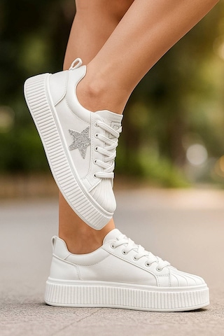 Günlük Kadın Sneaker Bağcıklı Yıldız Detaylı Yüksek Taban Simli Rahat Ayakkabı 7100 Beyaz