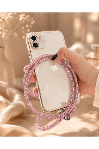 Pembe Taşlı Telefon Boyun Askısı Kristal Taşlı Şık Boyun Askısı
