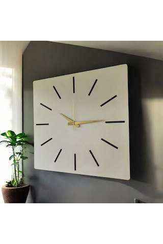 Kare Ahşap Beyaz Renk Sade Sayılı Hediyelik Sessiz Duvar Saati 50cm Beyaz