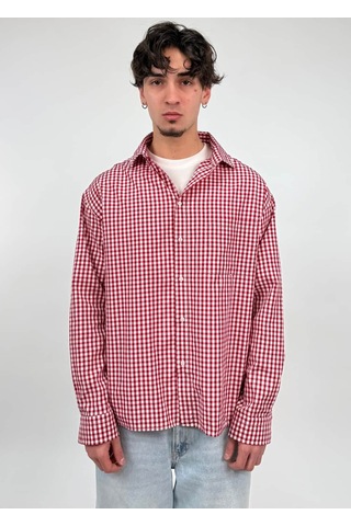 Zaee 404 Baskılı Kareli Oversize Gömlek bordo
