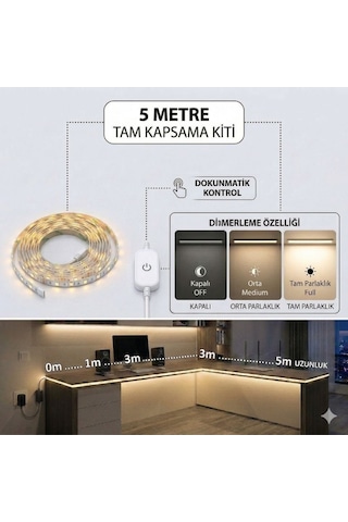 5 Metre Gün ışığı Şerit Led Işık Seti Dimmer Butonlu Ve Adaptörlü Mutfak Tezgahı, Raf Ve Tv Ünitesi Aydınlatma Gün Işığı