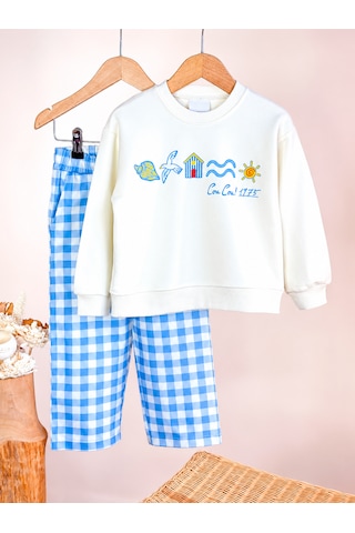 Elzo Collection Kız Çocuk Figür Desenli Ekru Sweatshirt Mavi Kareli Gabardin Denim Şardonsuz Alt Üst Takım Ekru - Mavi