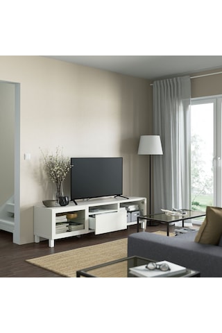 Tv Sehpası, Beyaz-şeffaf Cam, 180x42x48 Cm, Lappvıken/sındvık, Çıt Çıt Raylı Beyaz