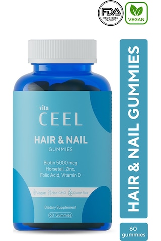 VitaCeel Saç Tırnak Vitamini Çiğnenebilir Vegan Gummy Biotin 5000, Vitamin D, Çinko, Folik Asit, At Kuyruğu