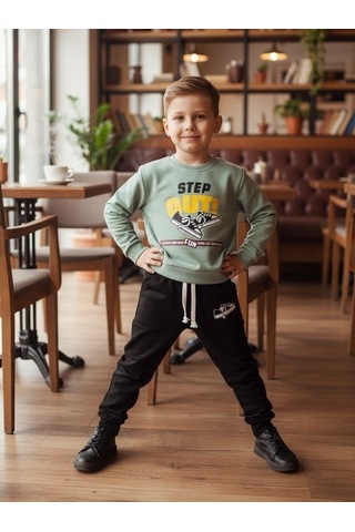Zekids Erkek Çocuk Pamuklu Step Out Baskılı Eşofman Takımı-16348 Yeşil