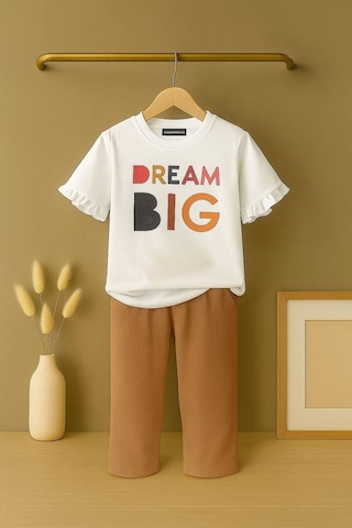 Genel Markalar Luniva Butik Dream Big Baskılı Kız Çocuk Fırfır Kollu Tişört Ve Bol Paça Pantolon 2'li Takım Kahverengi