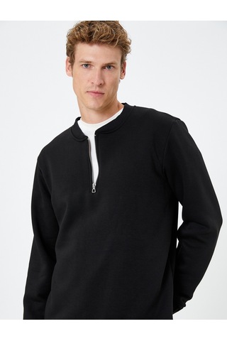 Koton Yarım Fermuarlı Sweatshirt Kolej Yaka Uzun Kollu Ribanalı Şardonlu Siyah 4wam70071mk Siyah