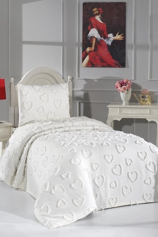 Çeyiz Diyarı Pure Love 2 Parça Tek Kişilik Pike Takımı Krem Krem