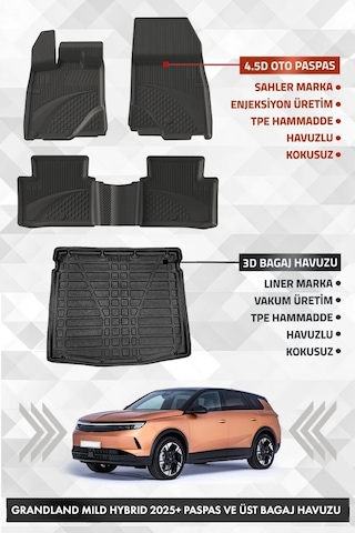 Opel Grandland Mild Hybrid 2025+ Uyumlu 4.5d Sahler Premium Havuzlu Paspas Ve Liner Marka 3d Üst Bag