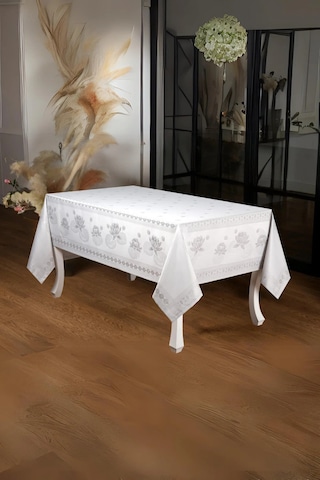 Nilüfer Lüx Jakar Kumaş Gri Masa Örtüsü Dikdörtgen 160x320 Cm - 1090 Çok Renkli