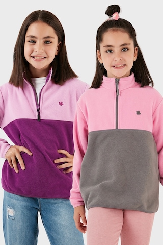 Lela Yumuşak Dokulu Yarım Fermuarlı Renk Bloklu Dik Yaka 2'Li Paket Çocuk Polar 5905004S2 Şeker Pembe Gri-Şeker Pembe Mor