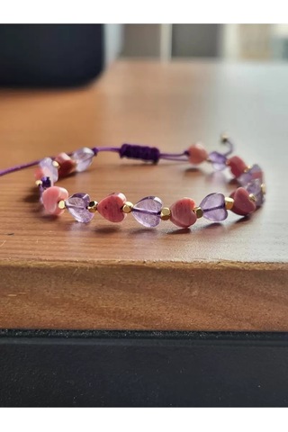 Ametist Ve Rodonit Taşı Kalpli Bileklik Çok Renkli