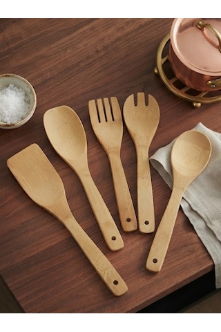 Mucit Home Bambu 5 Parça Yemek Pişirme Servis Spatula Seti Ahşap Spatula Seti Asılabilir Çok Renkli