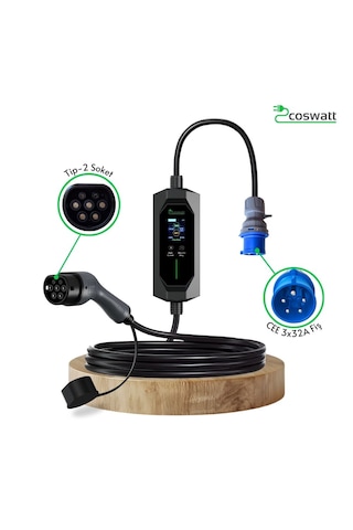 Coswatt Taşınabilir EV Şarj Cihazı CS-P1-32A / 7.4kW / 8m / Türkçe / 220V AC / Tip-2 / 3x32A CEE / Ev Tipi Dönüştürücü / Çanta