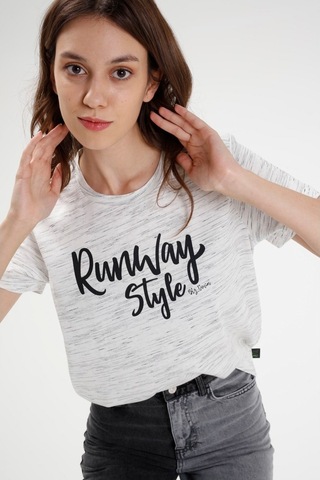 Brz Collection Ekru Renk Siyah Kırçıllı Kadın Kısa Kollu T-Shirt Ekru