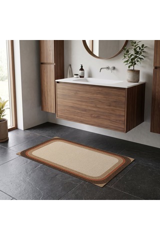 Kartela Halı Jüt Görünümlü Banyo Paspası Bej Kaymaz Taban Makinede Yıkanabilir 60x90 Cm