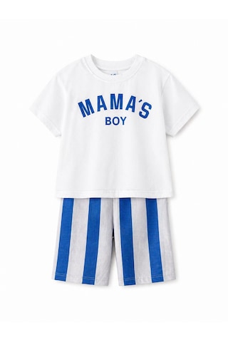 Baby Lory Kids Store Erkek Çocuk Mama's Boy Yazı Detaylı Takım Beyaz - Saks Mavi