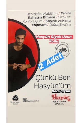 Hasyün Serkek Uzun Kollu Siyah Fanila Yün Içlik 2 Adet