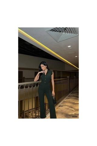 DefyModa Kadın Krep Kumaş Kısa Kollu Tulum Haki